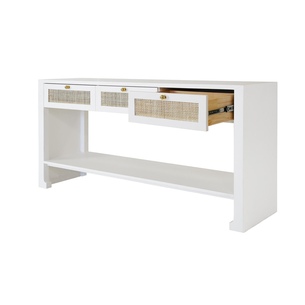 Worlds Away THREE DRAWER CANE CONSOLE WITH BRASS HARDWARE IN MATTE WHITE LACQUER