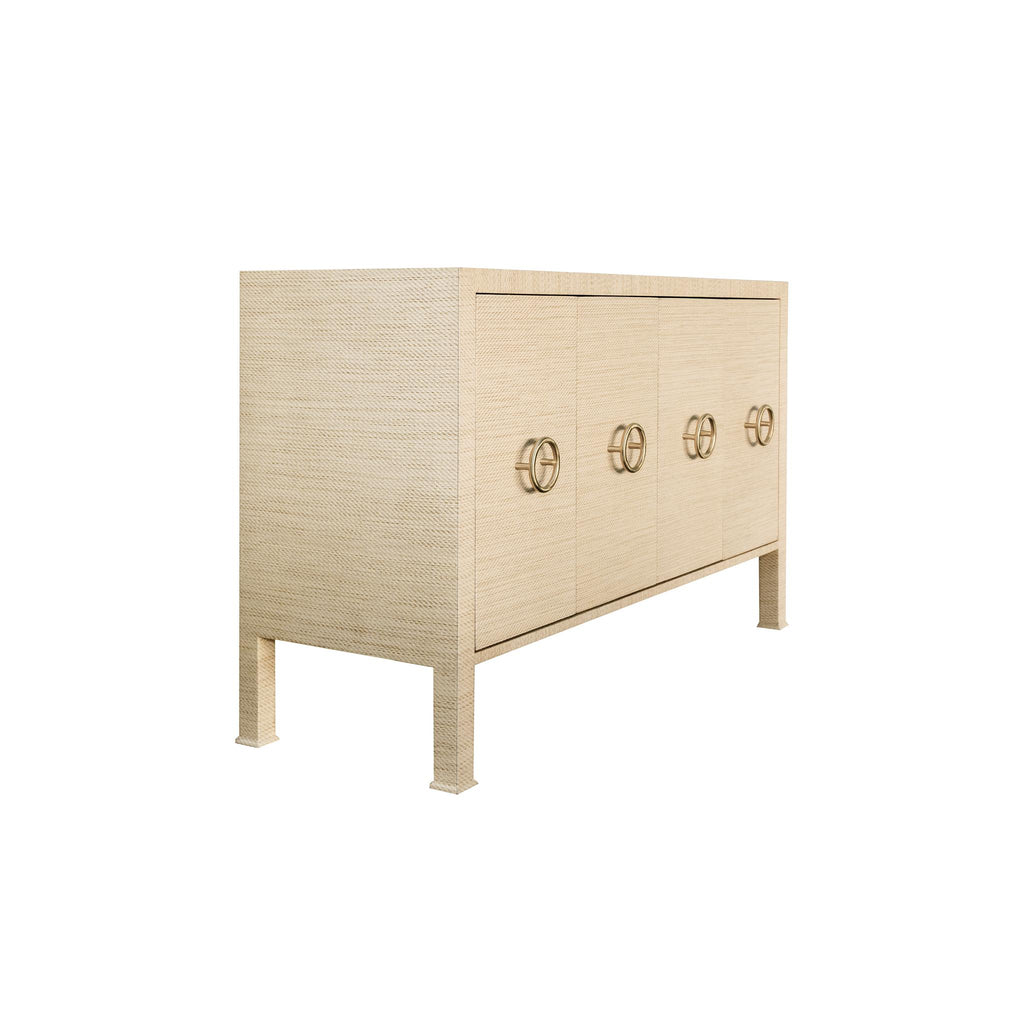 Worlds Away FOUR DOOR BUFFET WITH ANTIQUE BRASS CIRCLE HARDWARE IN NATURAL GRASSCLOTH