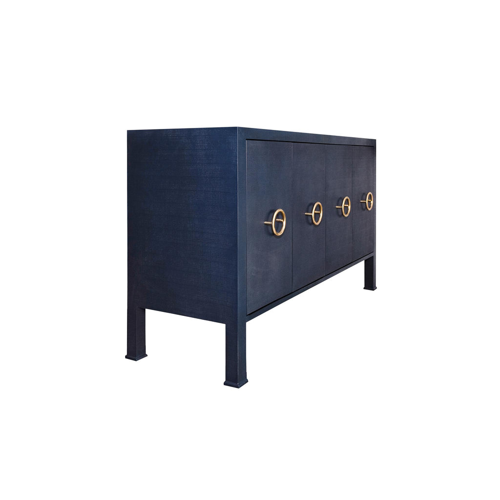 Worlds Away FOUR DOOR BUFFET WITH ANTIQUE BRASS CIRCLE HARDWARE IN TEXTURED NAVY LINEN