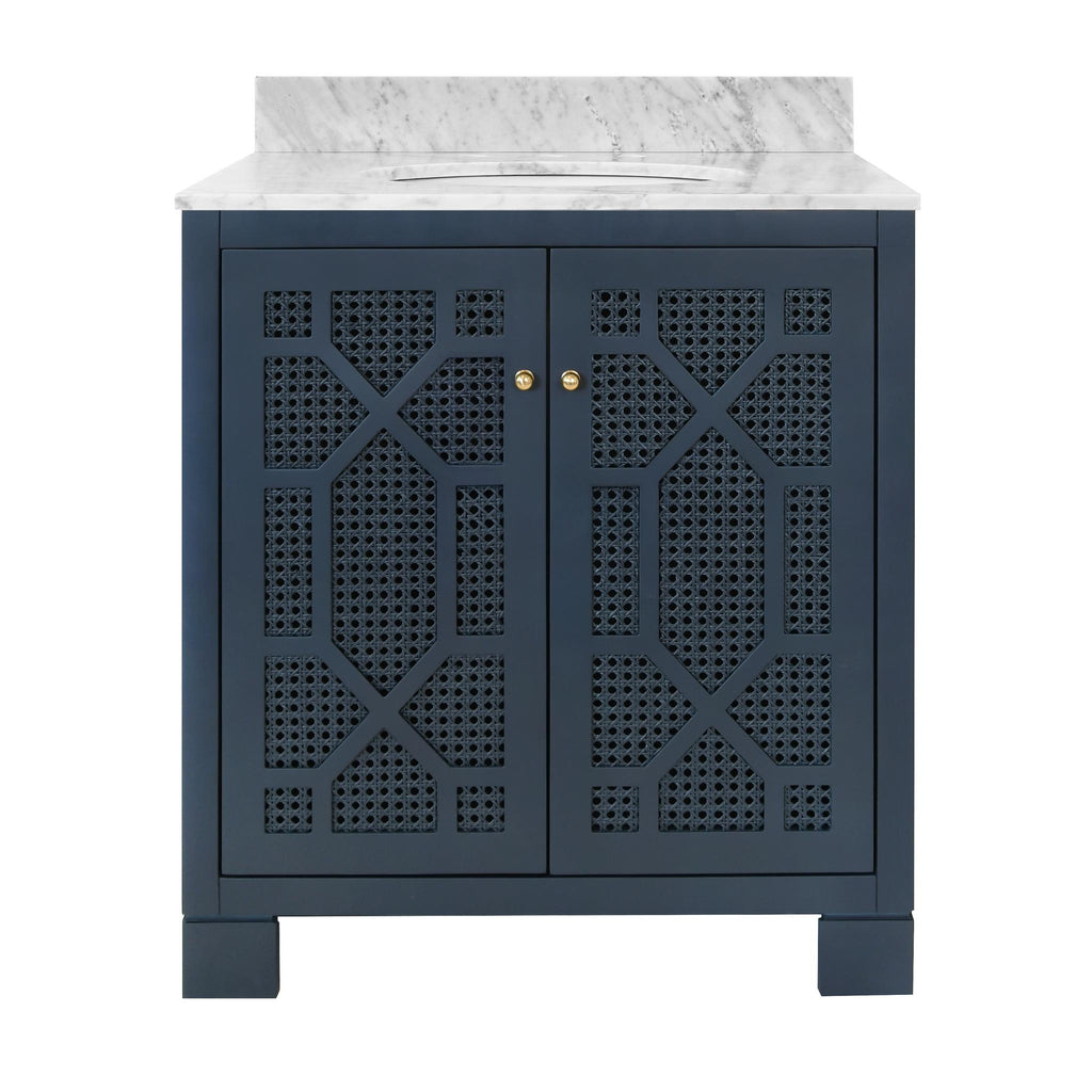 Worlds Away BATH VANITY IN MATTE NAVY LACQUER WITH CANE FRONT DOORS, WHITE MARBLE TOP, PORCELAIN SINK, AND POLISHED BRASS KNOBS