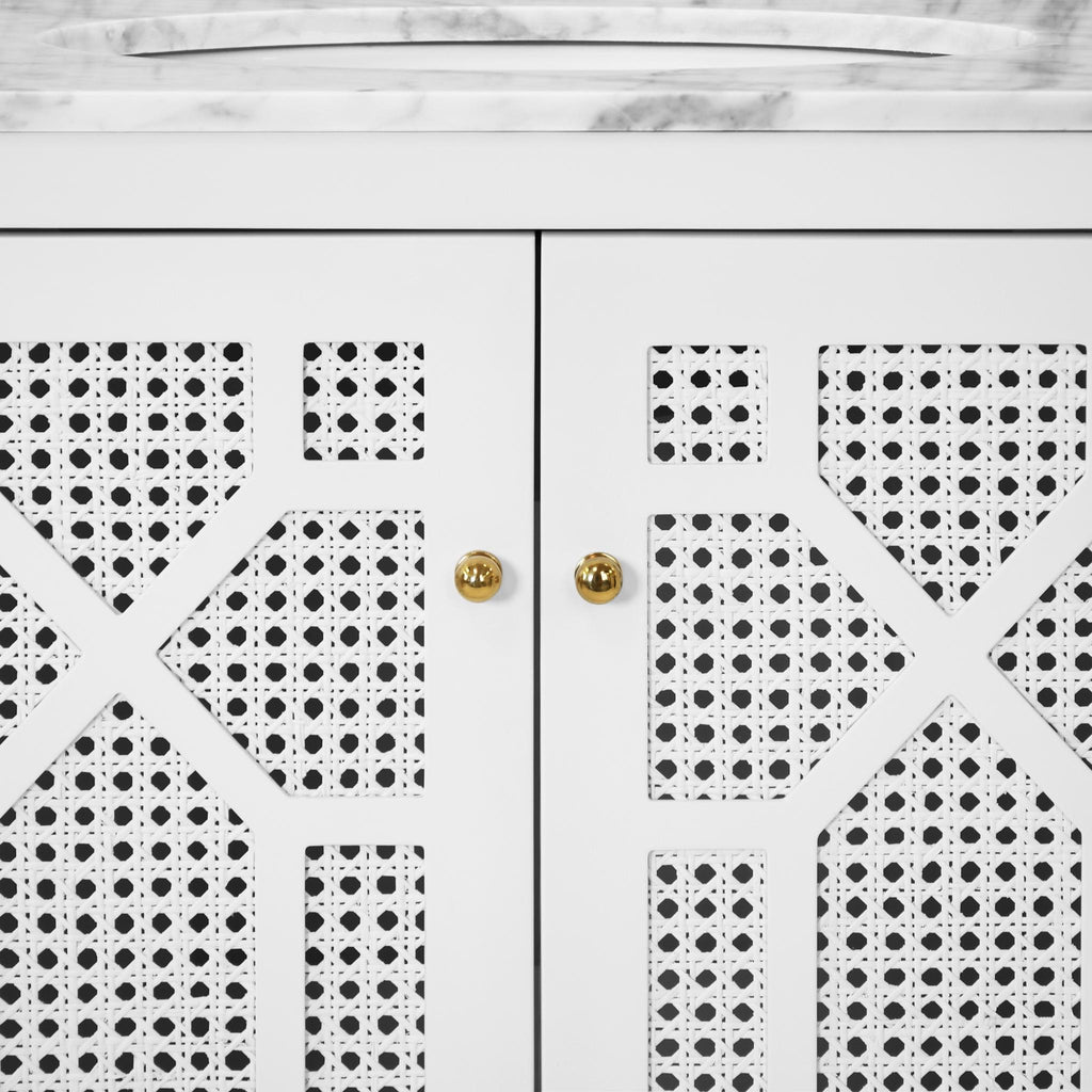 Worlds Away BATH VANITY IN MATTE WHITE LACQUER WITH CANE FRONT DOORS, WHITE MARBLE TOP, PORCELAIN SINK, AND POLISHED BRASS KNOBS