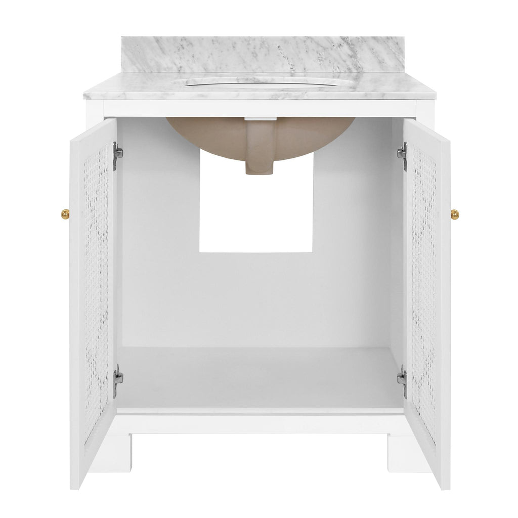 Worlds Away BATH VANITY IN MATTE WHITE LACQUER WITH CANE FRONT DOORS, WHITE MARBLE TOP, PORCELAIN SINK, AND POLISHED BRASS KNOBS