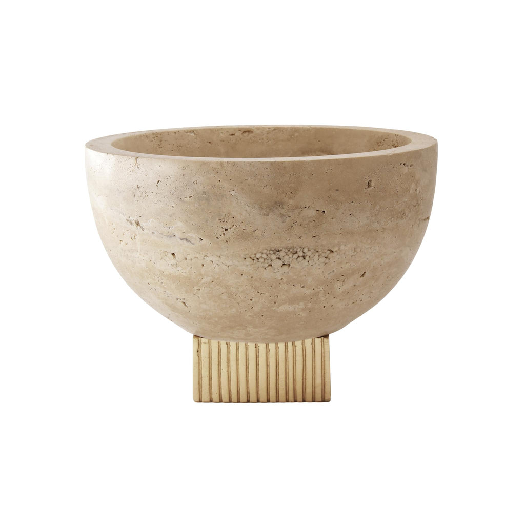 Worlds Away TRAVERTINE MARBLE BOWL WITH RIBBED BRASS BASE_x000D__x000D__x000D__x000D__x000D__x000D__x000D__x000D_