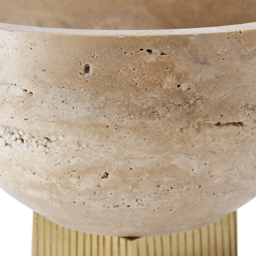 Worlds Away TRAVERTINE MARBLE BOWL WITH RIBBED BRASS BASE_x000D__x000D__x000D__x000D__x000D__x000D__x000D__x000D_