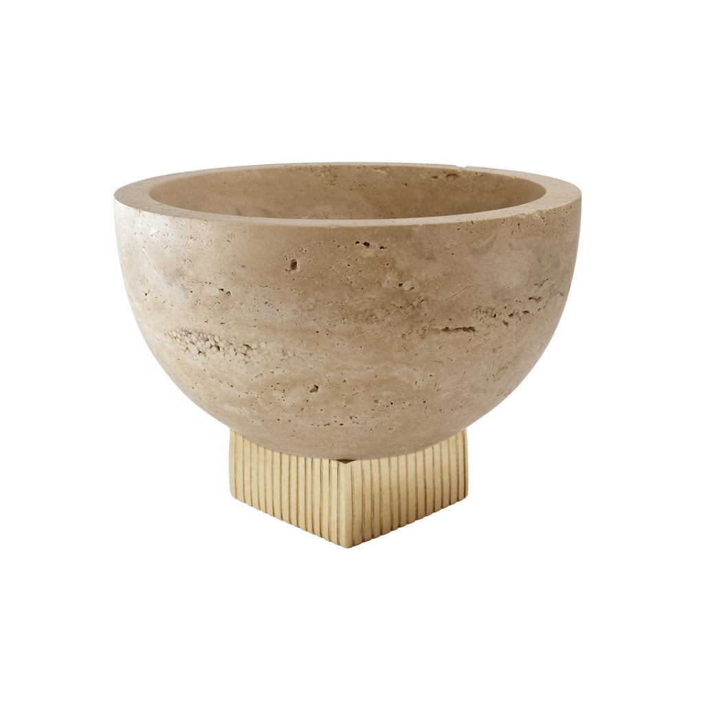 Worlds Away TRAVERTINE MARBLE BOWL WITH RIBBED BRASS BASE_x000D__x000D__x000D__x000D__x000D__x000D__x000D__x000D_