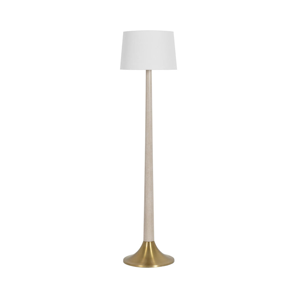 Worlds Away BRUSHED BRASS BASE FLOOR LAMP WITH WHITE LINEN SHADE IN CERUSED OAK