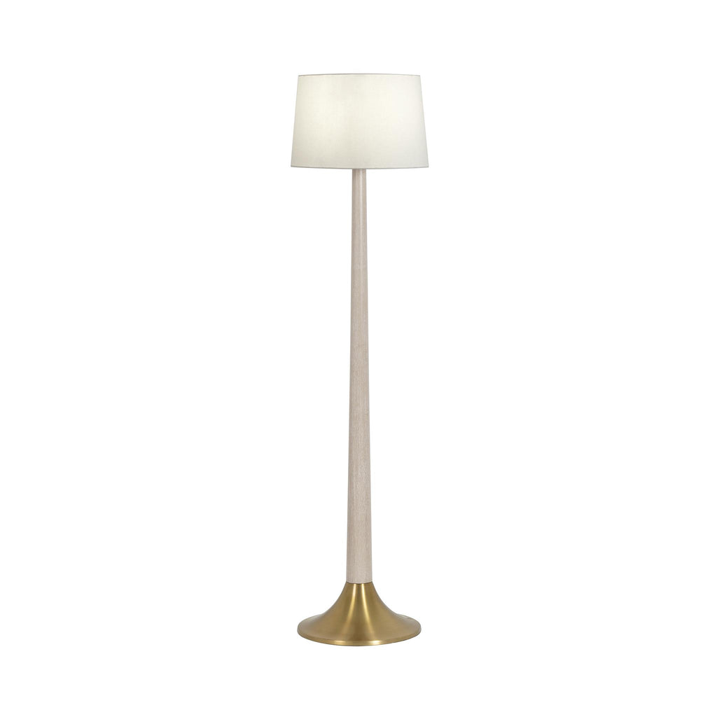 Worlds Away BRUSHED BRASS BASE FLOOR LAMP WITH WHITE LINEN SHADE IN CERUSED OAK