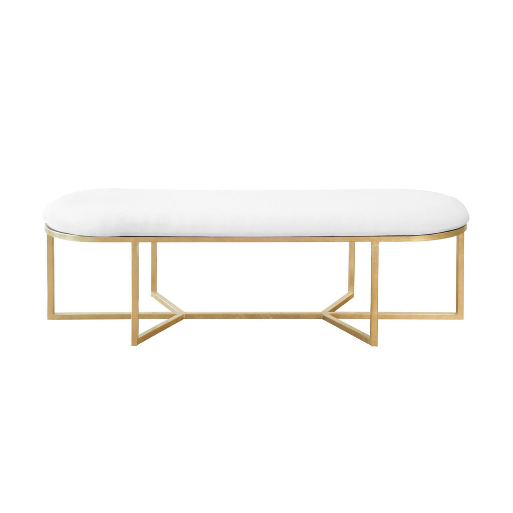 Worlds Away OVAL BENCH WITH WHITE LINEN CUSHION AND IRON BASE IN GOLD LEAF