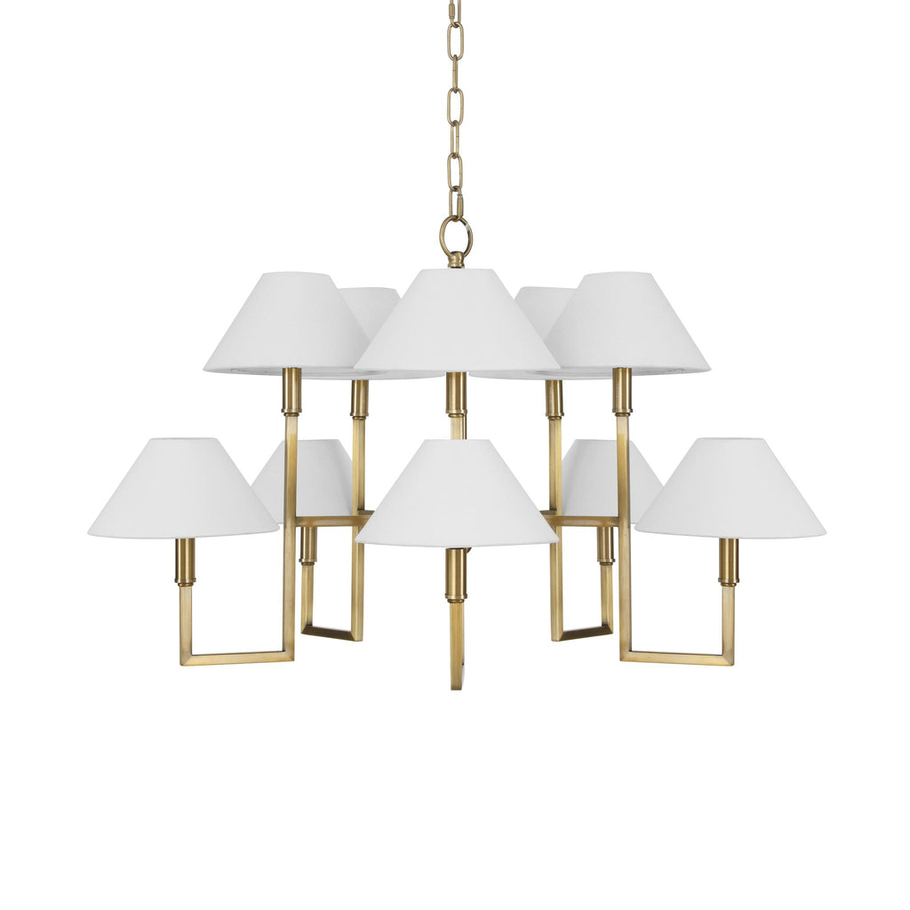 Worlds Away TEN LIGHT FIVE ARM CHANDELIER WITH WHITE LINEN COOLIE SHADE IN ANTIQUE BRASS_x000D_