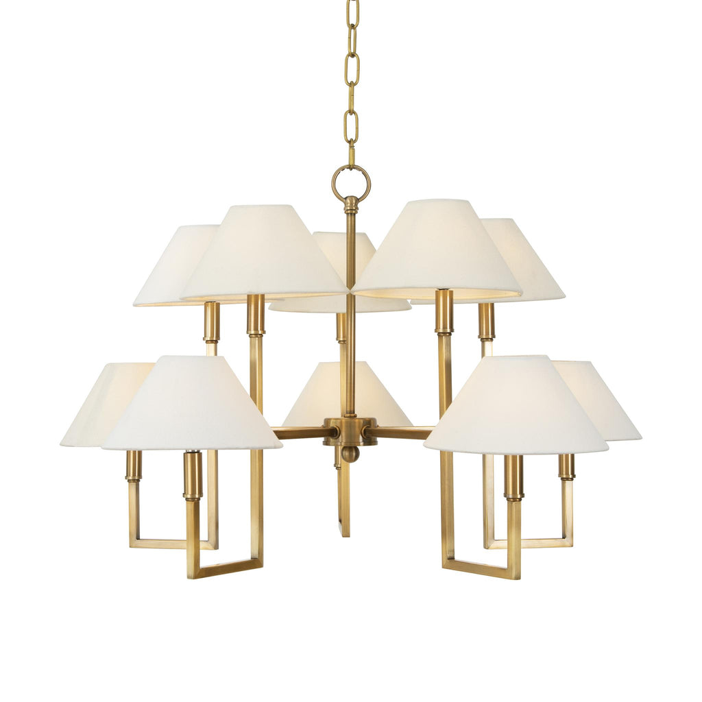 Worlds Away TEN LIGHT FIVE ARM CHANDELIER WITH WHITE LINEN COOLIE SHADE IN ANTIQUE BRASS_x000D_