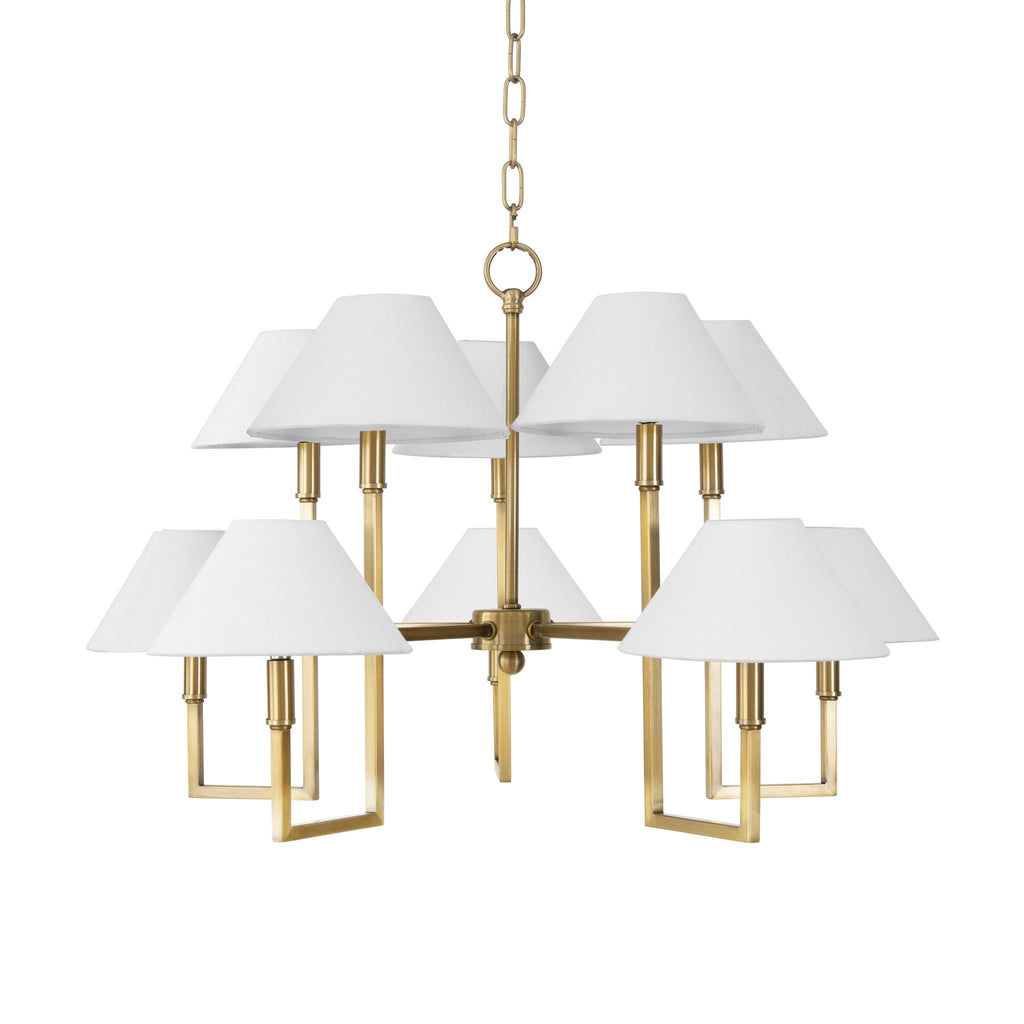 Worlds Away TEN LIGHT FIVE ARM CHANDELIER WITH WHITE LINEN COOLIE SHADE IN ANTIQUE BRASS_x000D_