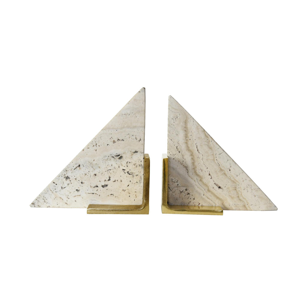 Worlds Away TRIANGLE SHAPED TRAVERTINE MARBLE BOOKEND WITH BRASS BASE