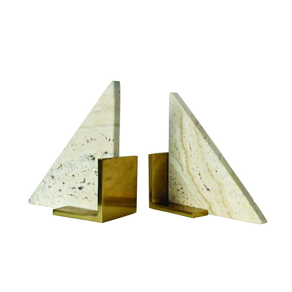 Worlds Away TRIANGLE SHAPED TRAVERTINE MARBLE BOOKEND WITH BRASS BASE