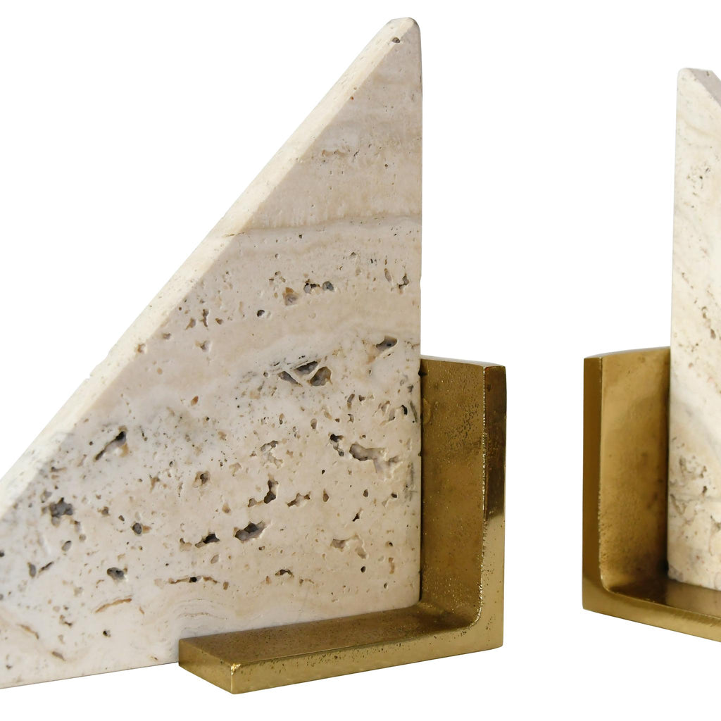 Worlds Away TRIANGLE SHAPED TRAVERTINE MARBLE BOOKEND WITH BRASS BASE