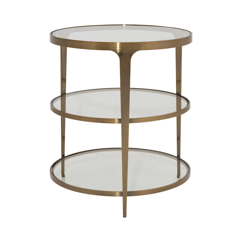 Worlds Away THREE TIER GLASS TOP ROUND END TABLE IN ANTIQUE BRASS