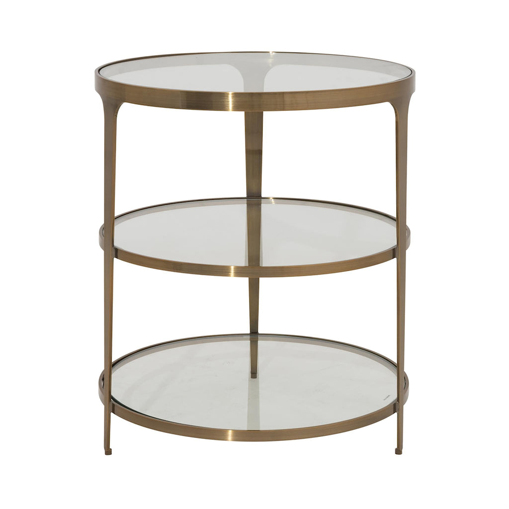 Worlds Away THREE TIER GLASS TOP ROUND END TABLE IN ANTIQUE BRASS