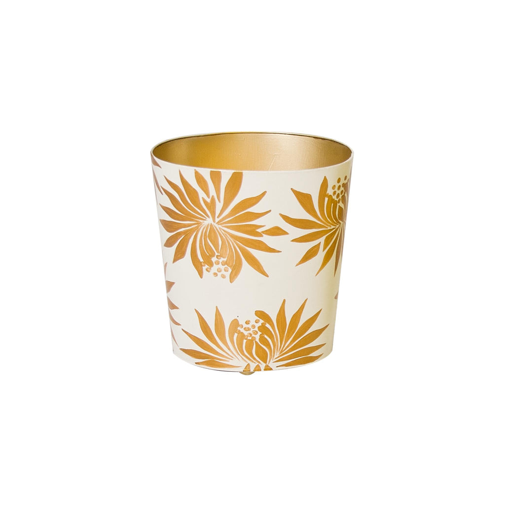 Worlds Away GOLD AND CREAM FLORAL WASTEBASKET