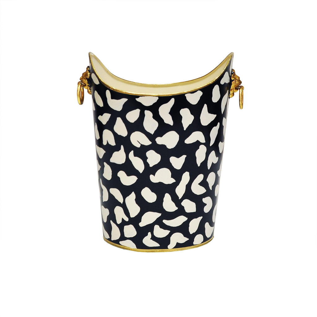 Worlds Away OVAL WASTEBASKET WITH LION HANDLES IN BLACK LEOPARD