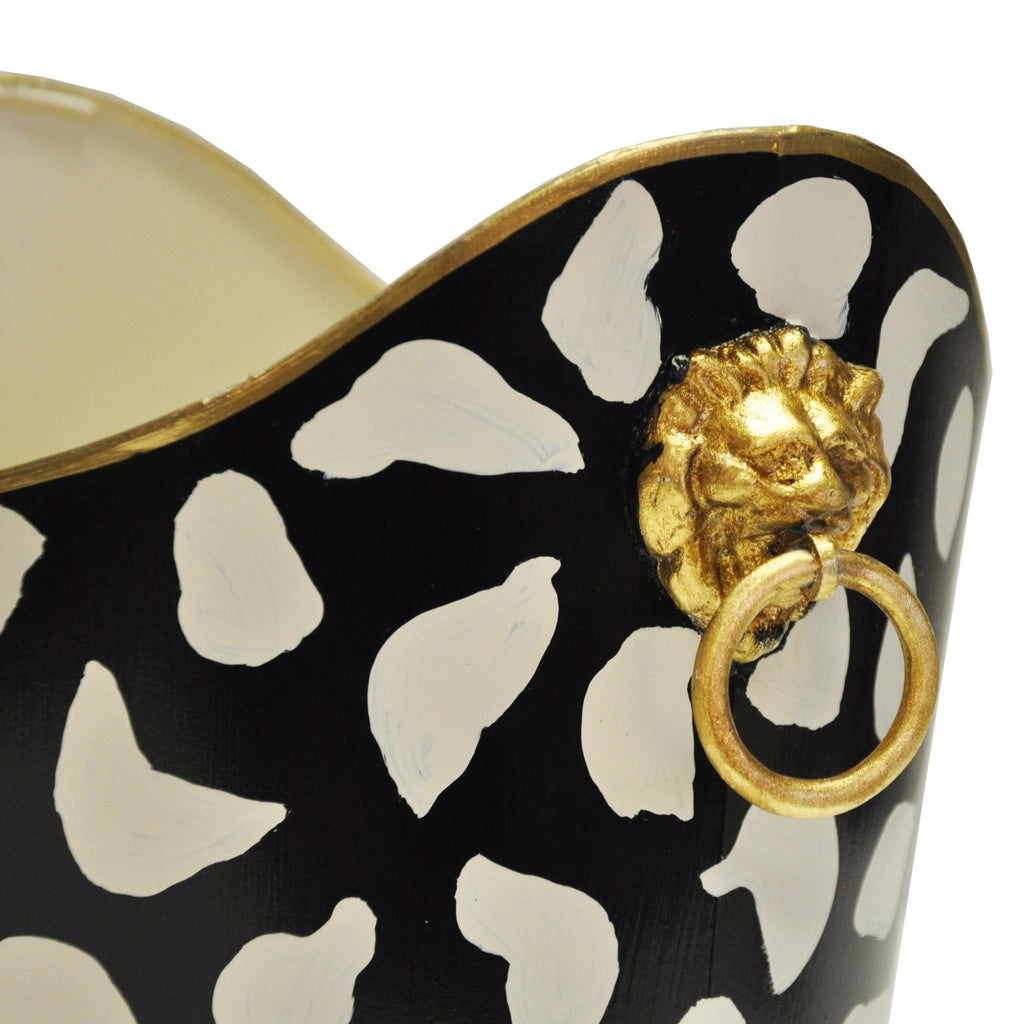 Worlds Away OVAL WASTEBASKET WITH LION HANDLES IN BLACK LEOPARD