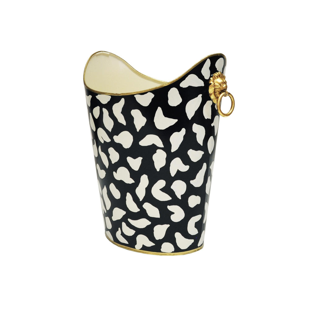 Worlds Away OVAL WASTEBASKET WITH LION HANDLES IN BLACK LEOPARD