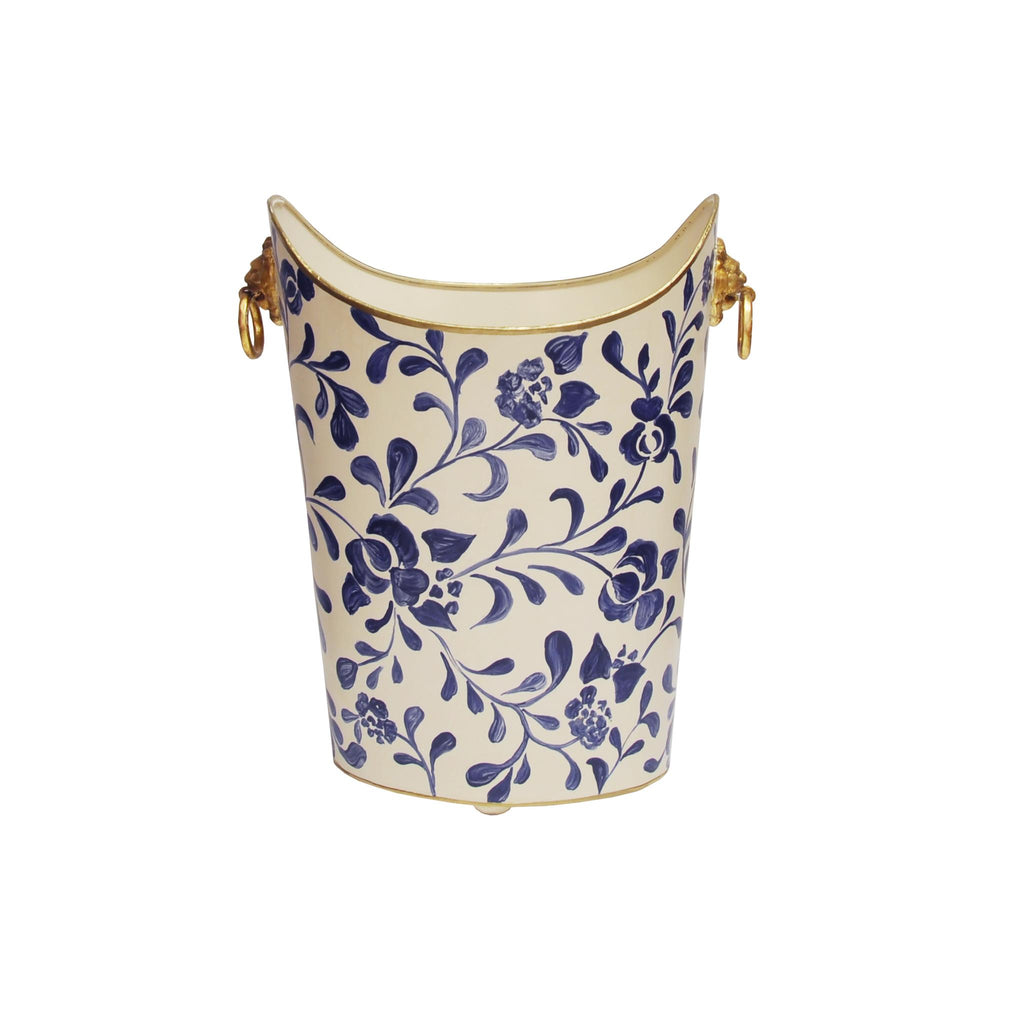 Worlds Away OVAL WASTEBASKET WITH LION HANDLES IN NAVY VINE