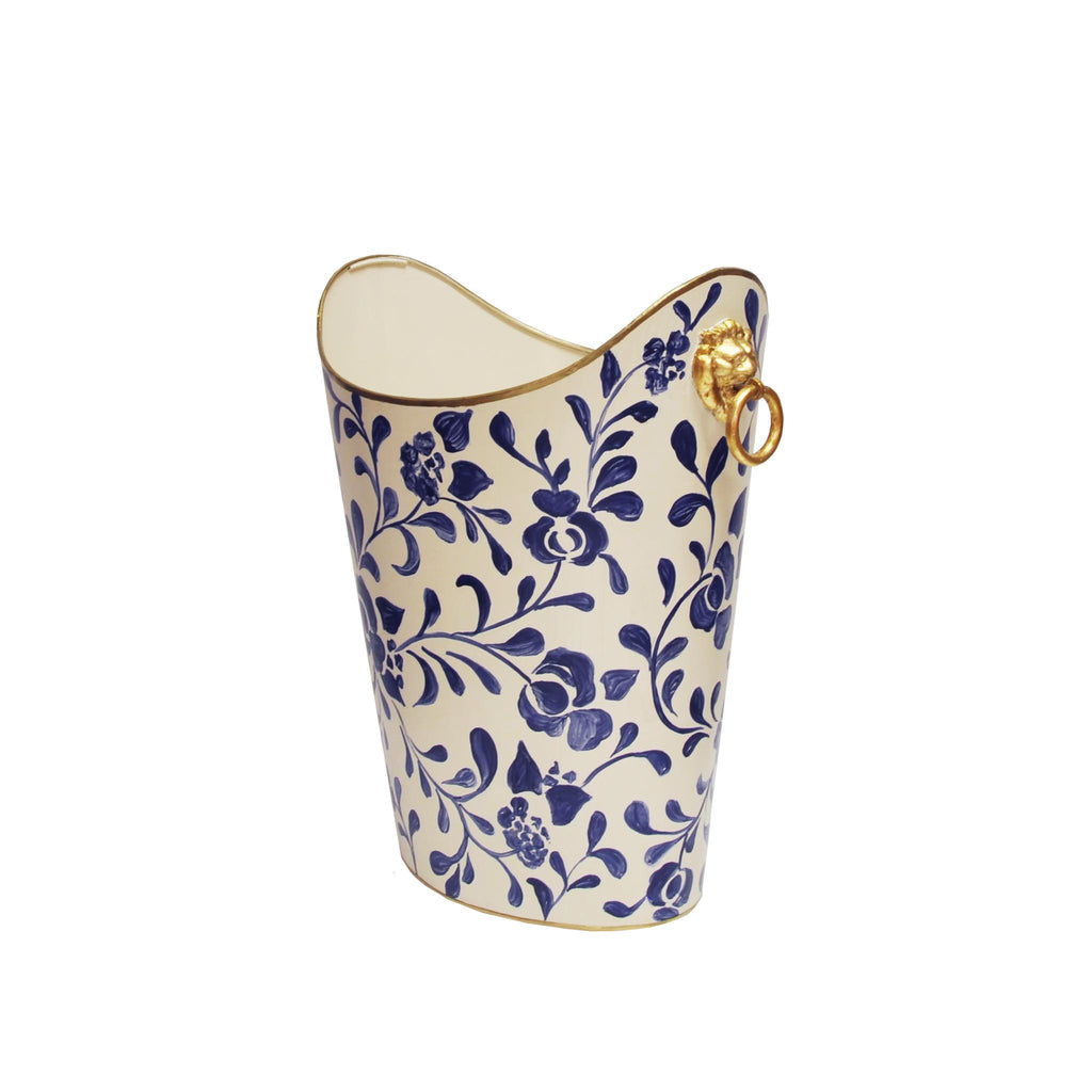 Worlds Away OVAL WASTEBASKET WITH LION HANDLES IN NAVY VINE