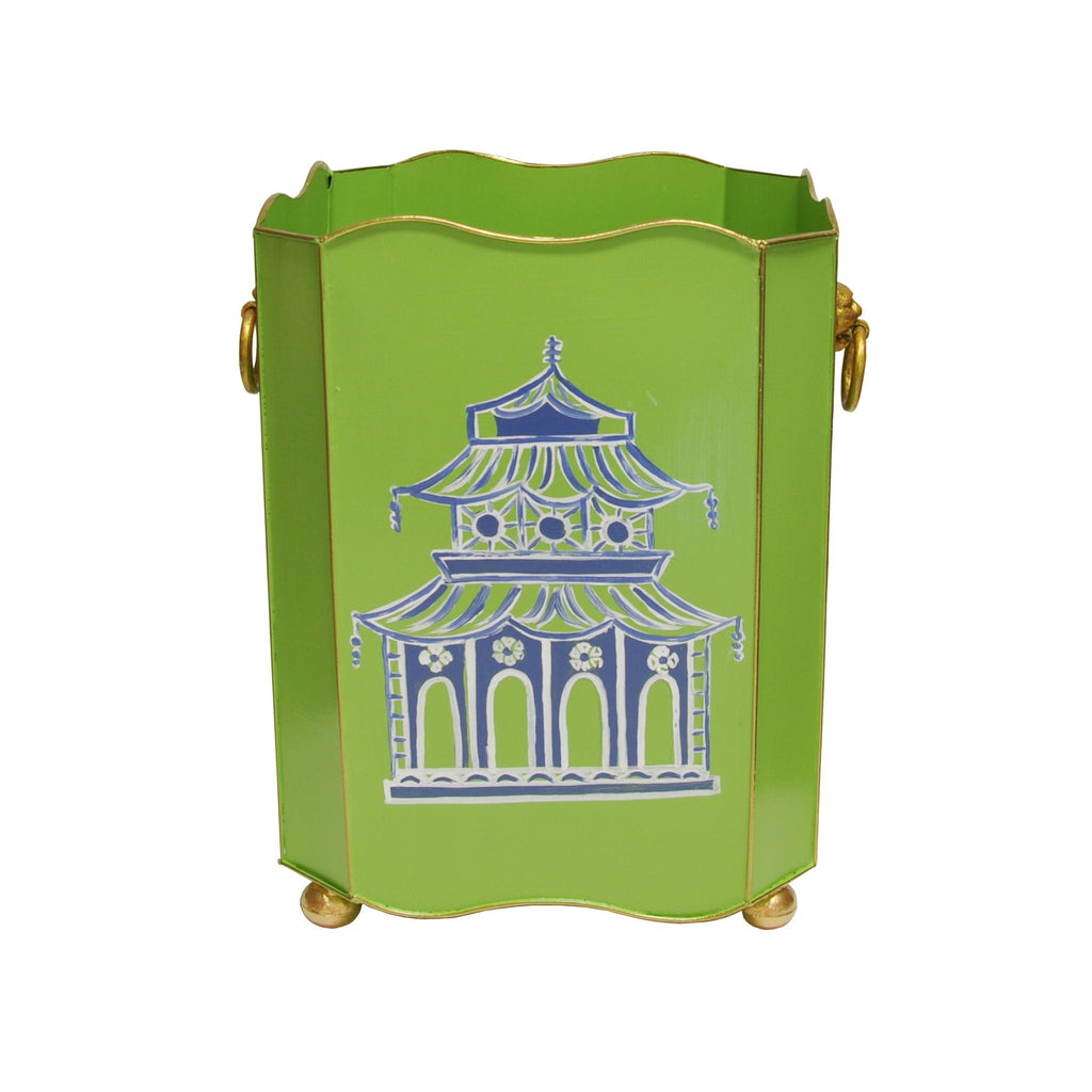 Worlds Away SQUARE WASTEBASKET WITH LION HANDLES IN GREEN PAGODA