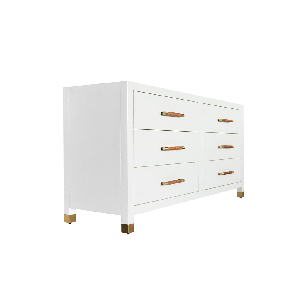 Worlds Away SIX DRAWER CHEST WITH RATTAN WRAPPED HANDLES IN MATTE WHITE LACQUER