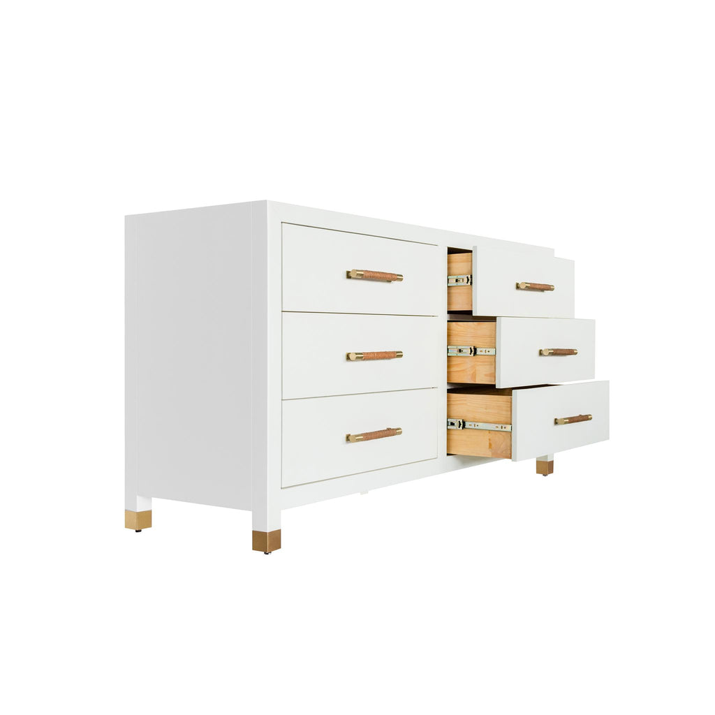 Worlds Away SIX DRAWER CHEST WITH RATTAN WRAPPED HANDLES IN MATTE WHITE LACQUER