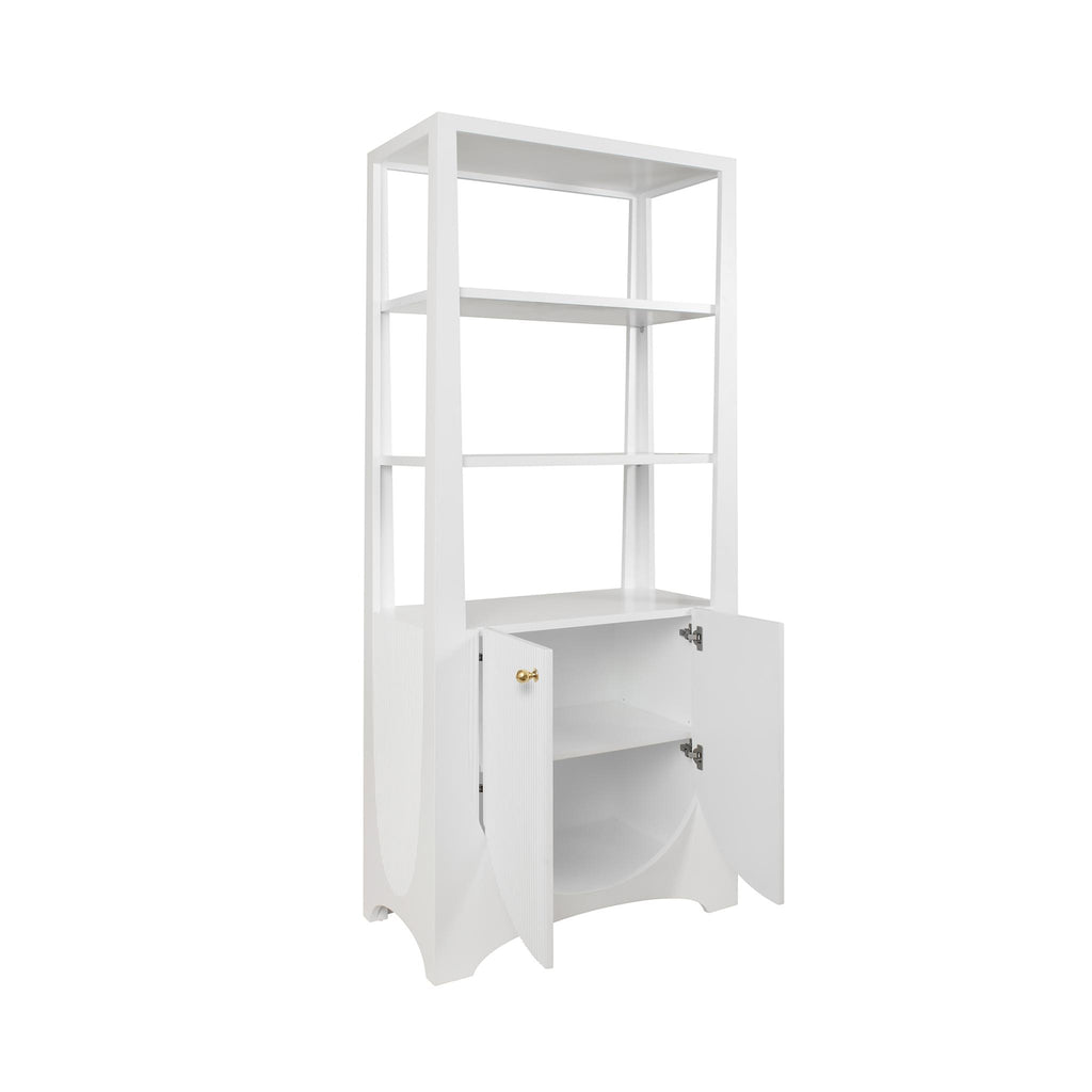 Worlds Away ETAGERE WITH TWO DOOR FLUTED CABINET IN MATTE WHITE LACQUER