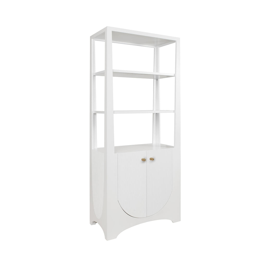 Worlds Away ETAGERE WITH TWO DOOR FLUTED CABINET IN MATTE WHITE LACQUER