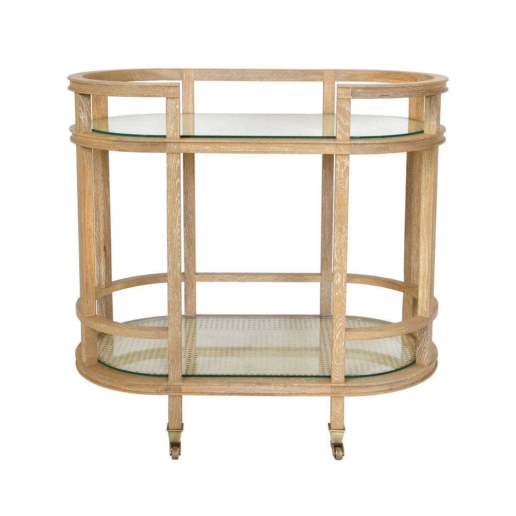 Worlds Away OVAL BAR CART WITH TWO  NATURAL CANE SHELVES AND CERUSED OAK FRAME