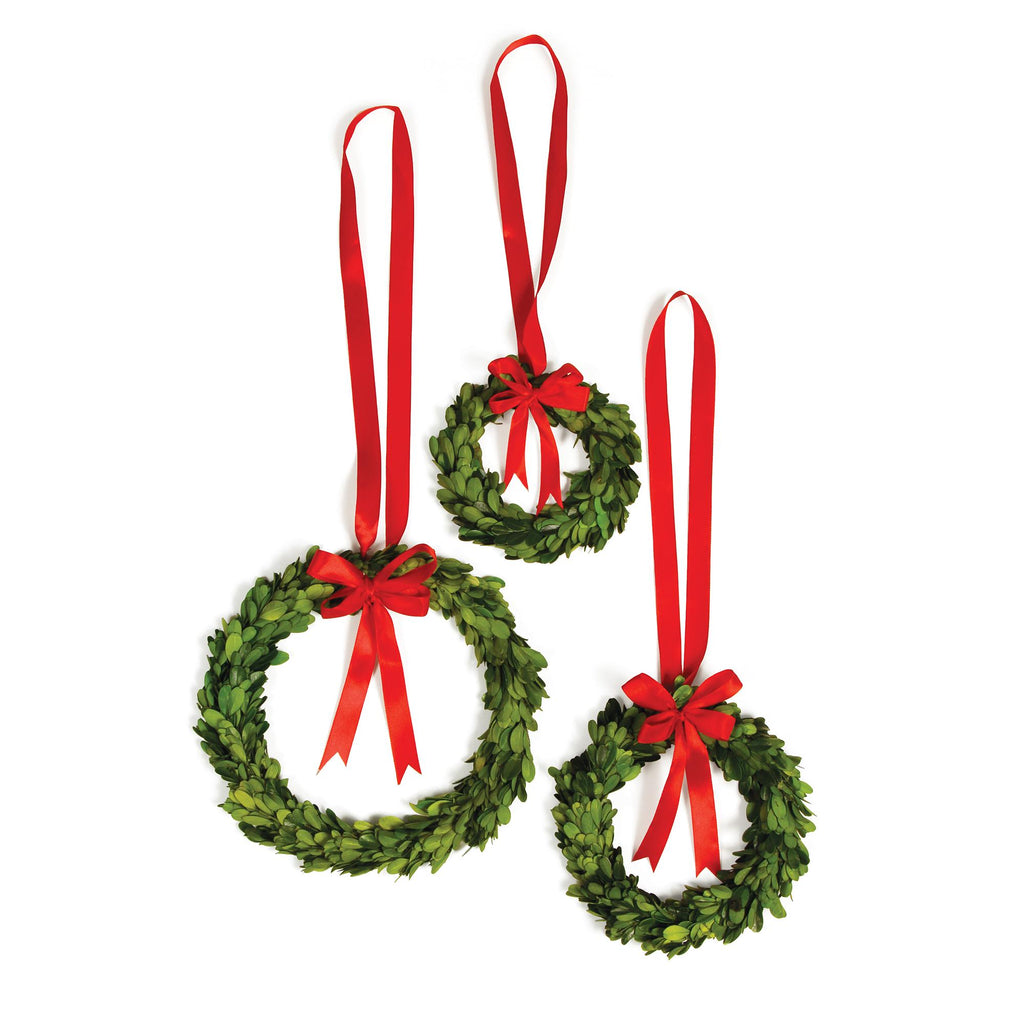 Napa Green/Red Boxwood Wreaths With Red Ribbons, Set Of 3