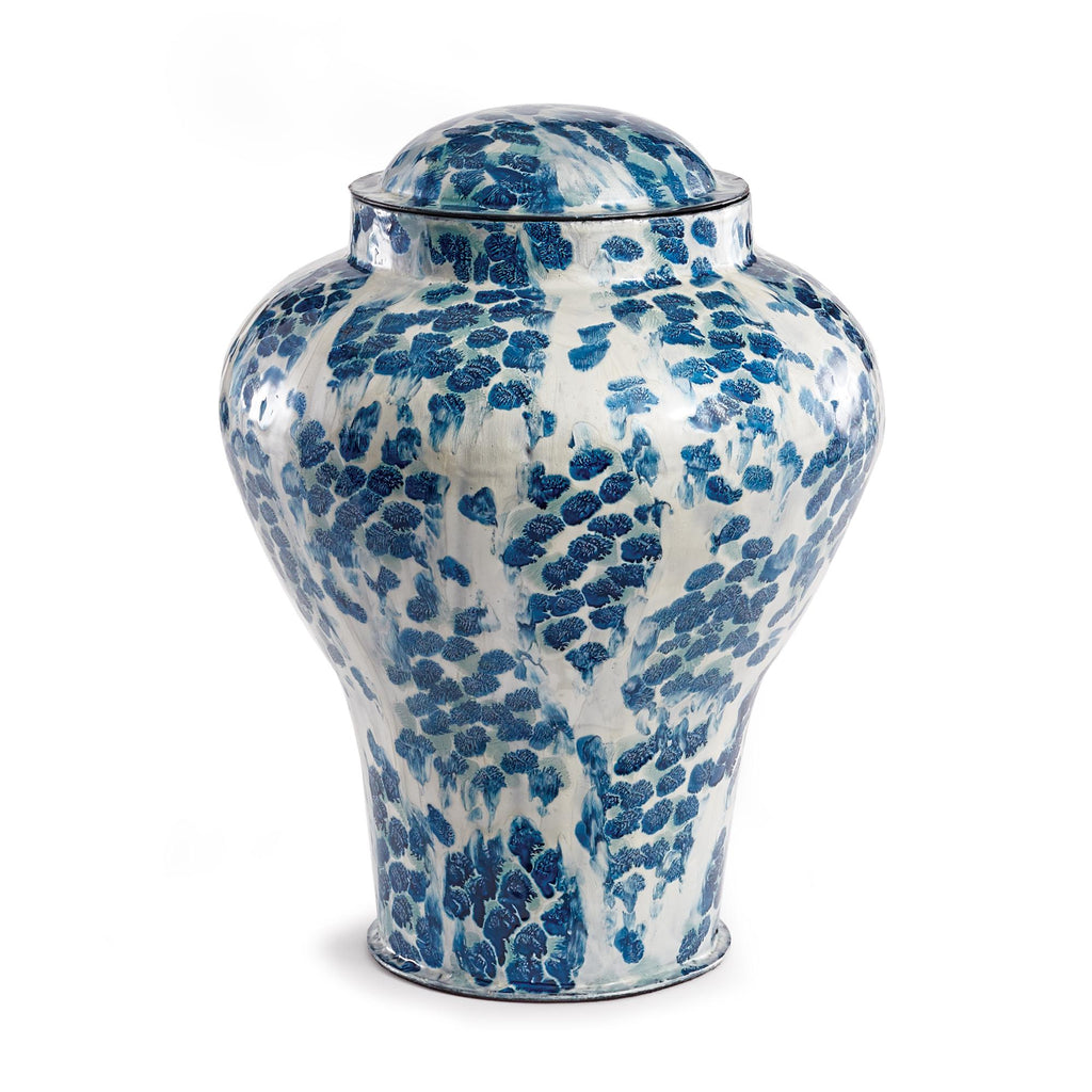 Napa White/Blue Floret Lidded Urn Short