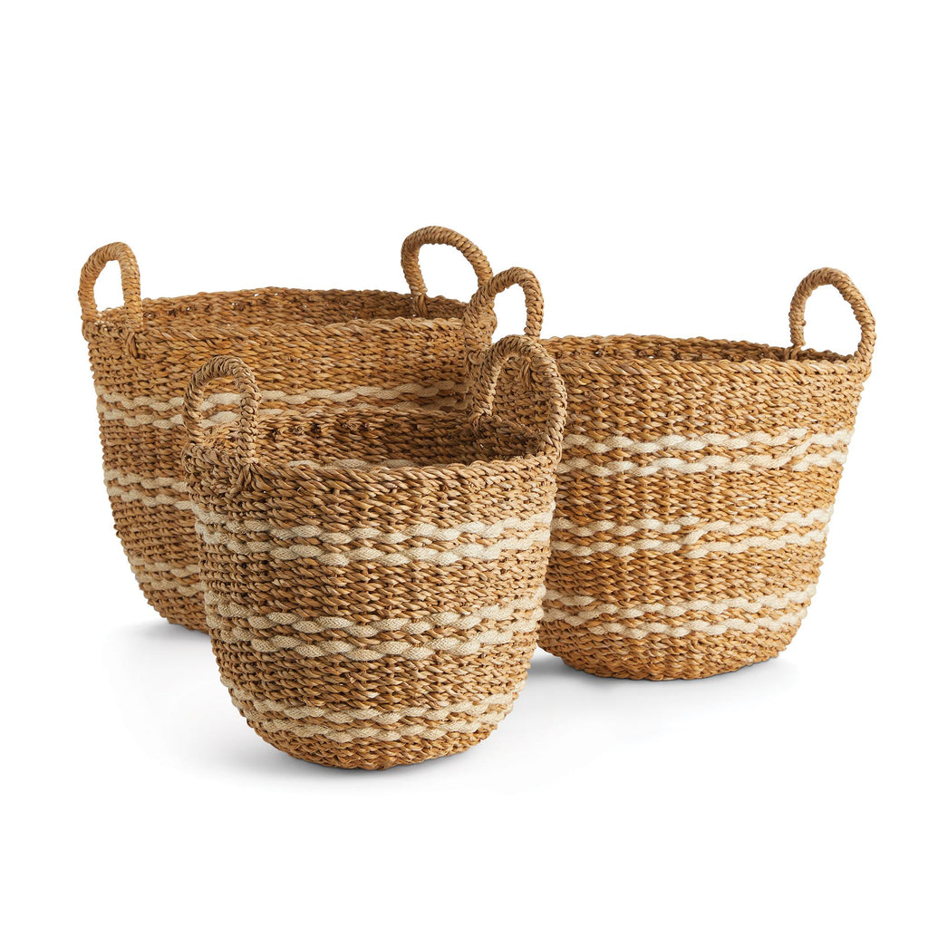 Napa Natural/White Seagrass & Jute Round Baskets With Handles, Set Of 3