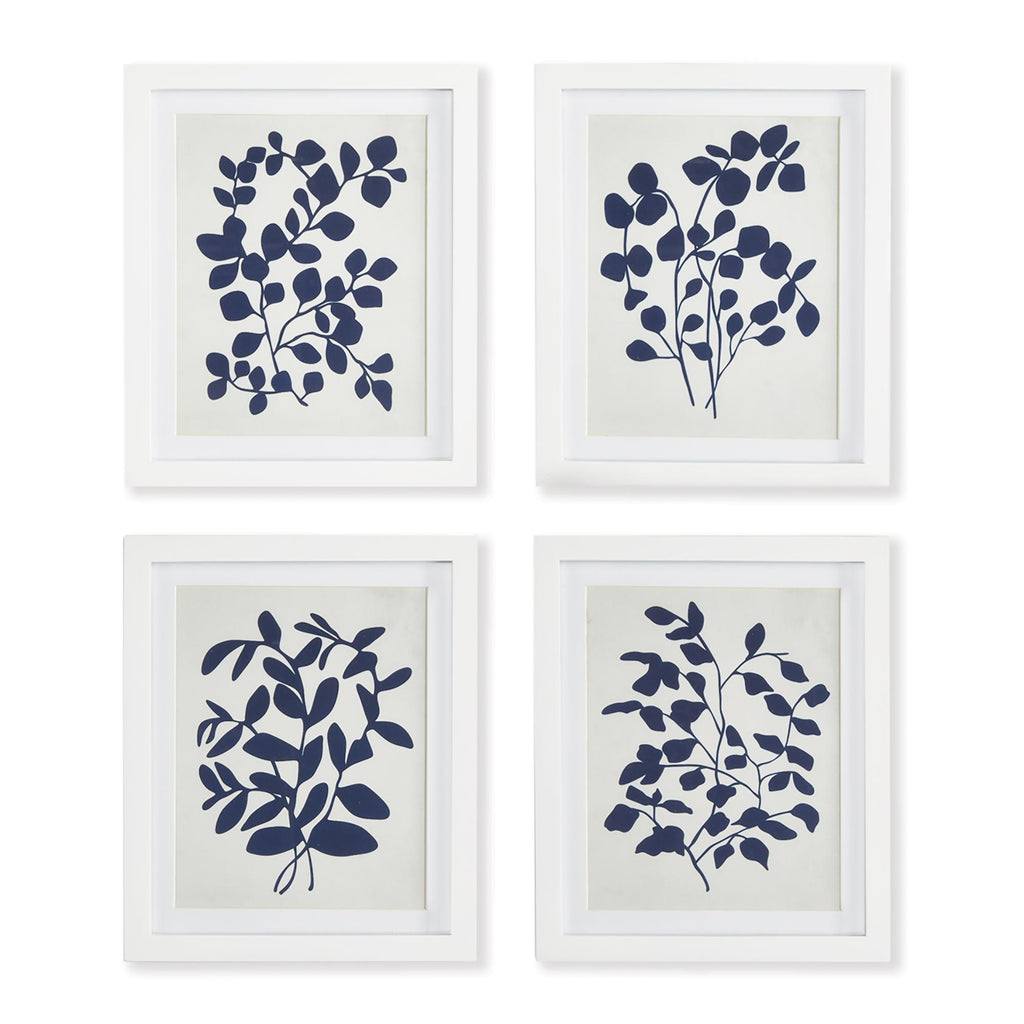 Napa White/Blue Leafy Vine Prints, Set Of 4