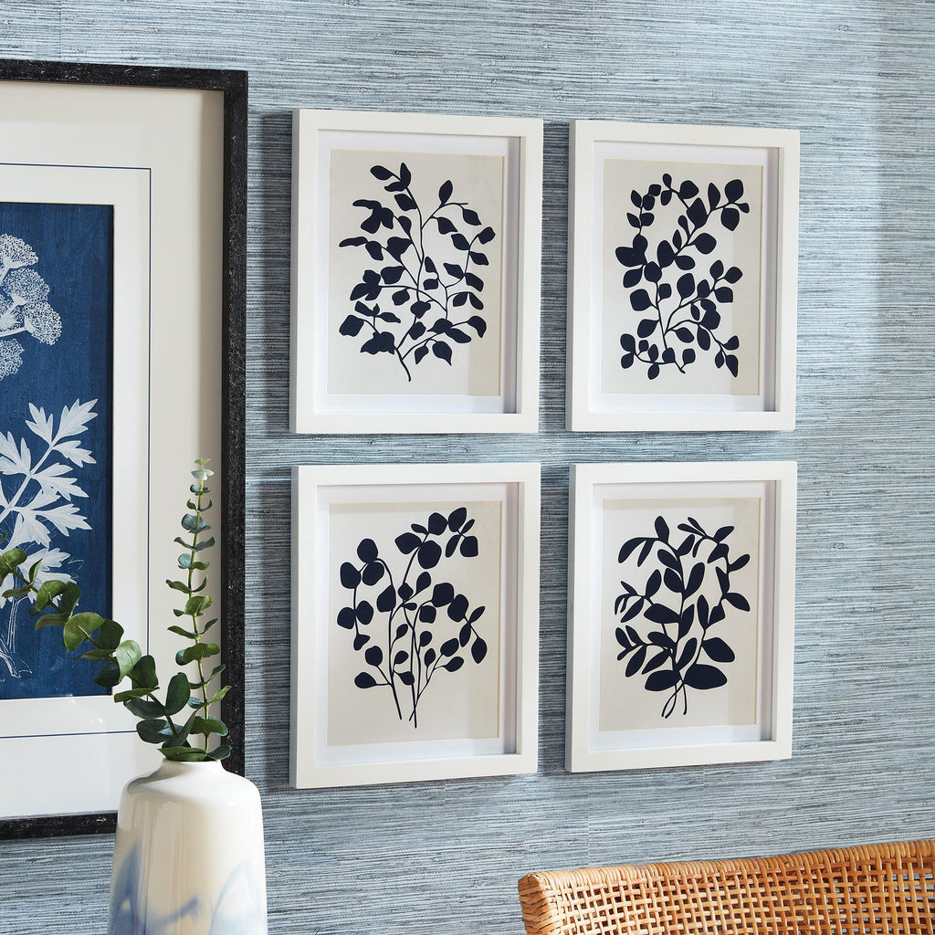 Napa White/Blue Leafy Vine Prints, Set Of 4