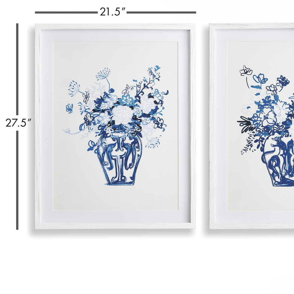 Napa White/Blue Matched Pair Floral Prints, Set Of 2