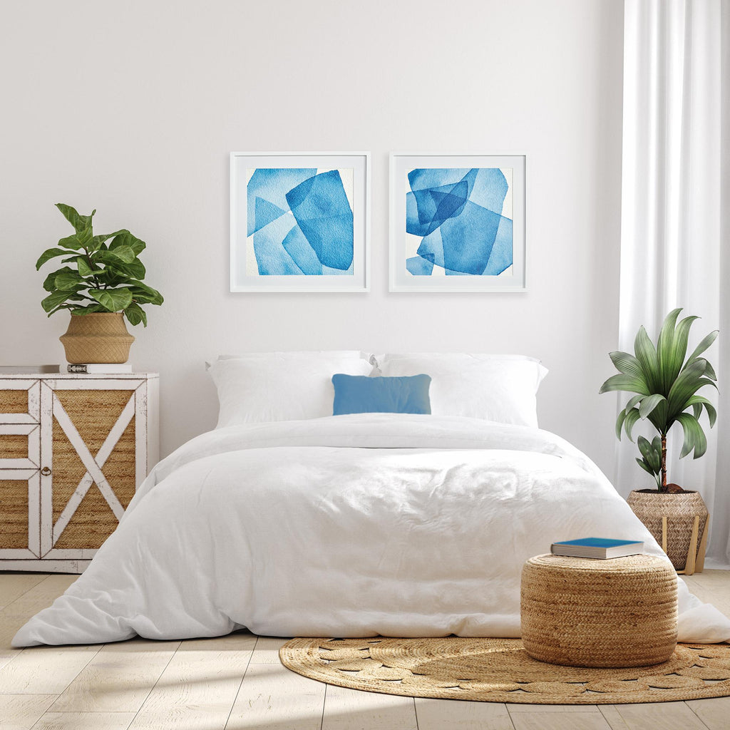 Napa White/Blue Abstract Watercolor Prints, Set Of 2