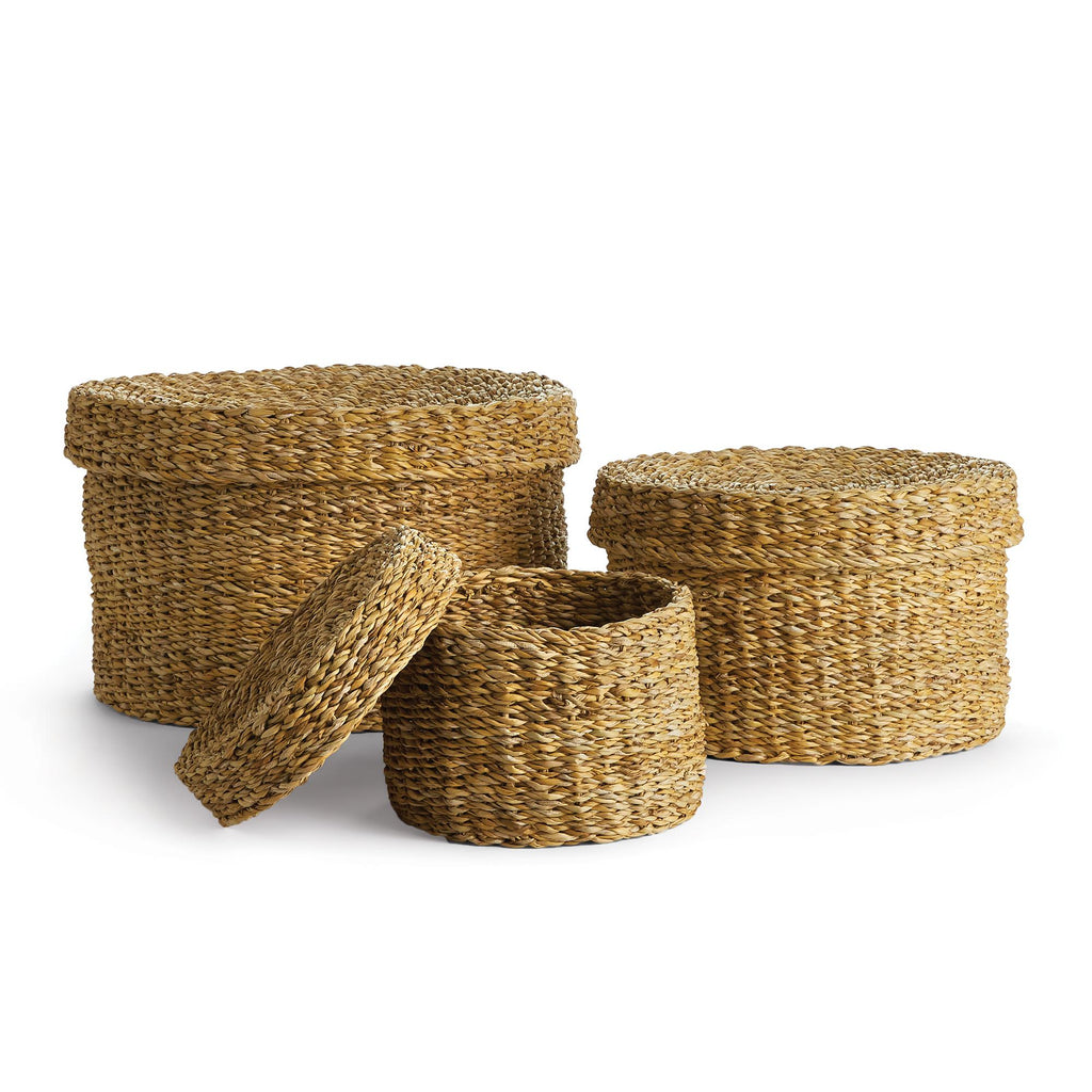 Napa Natural Seagrass Round Lidded Baskets, Set Of 3