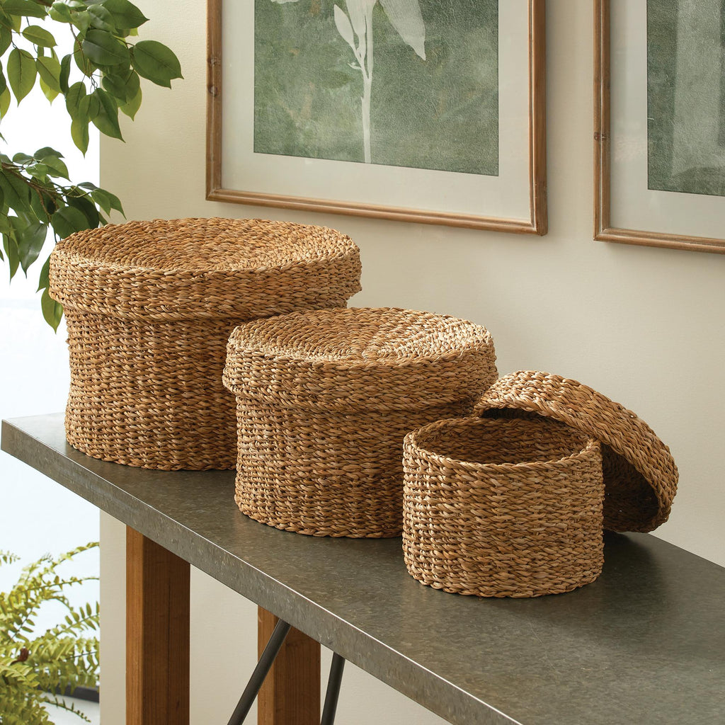 Napa Natural Seagrass Round Lidded Baskets, Set Of 3