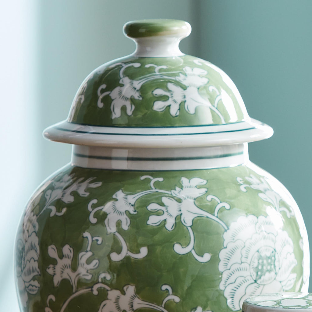 Napa Green/White Imperial Lotus Lidded Ginger Jar