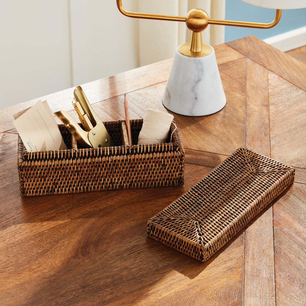 Napa Brown Burma Rattan 3-Compartment Lidded Box