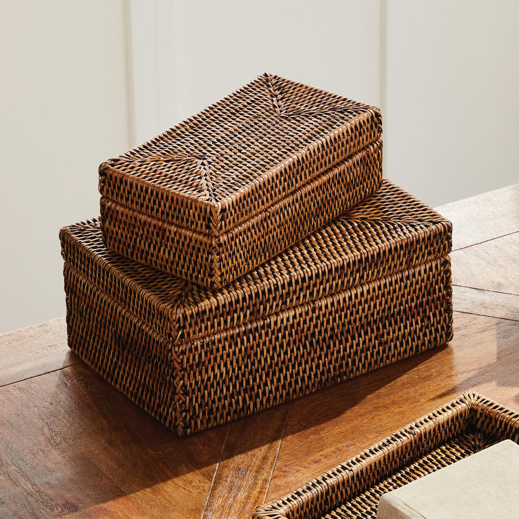 Napa Brown Burma Rattan Rectangular Lidded Boxes, Set Of 2