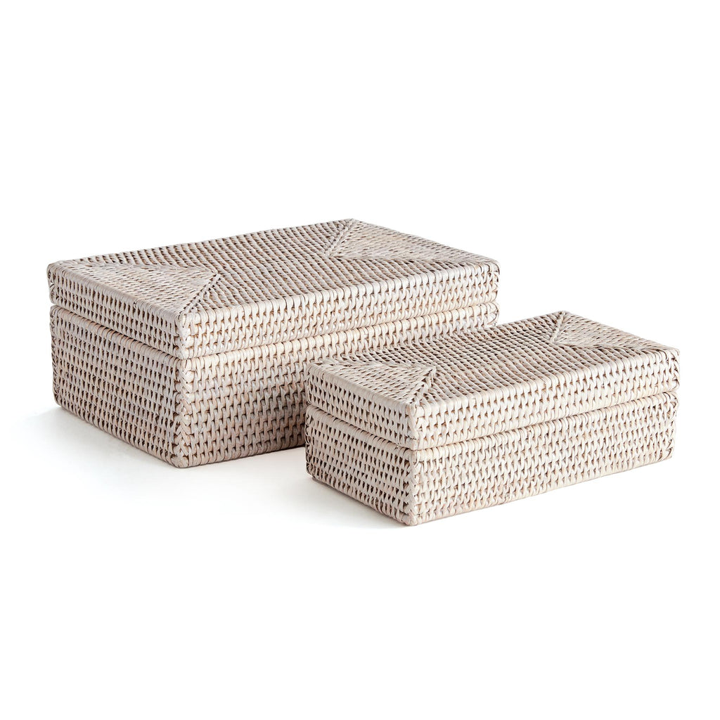 Napa Whitewash Burma Rattan Rectangular Lidded Boxes, Set Of 2