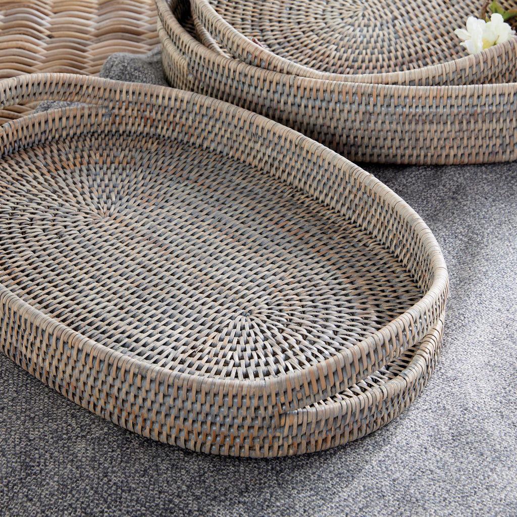 Napa Graywash Burma Rattan Oval Serving Trays, Set Of 3