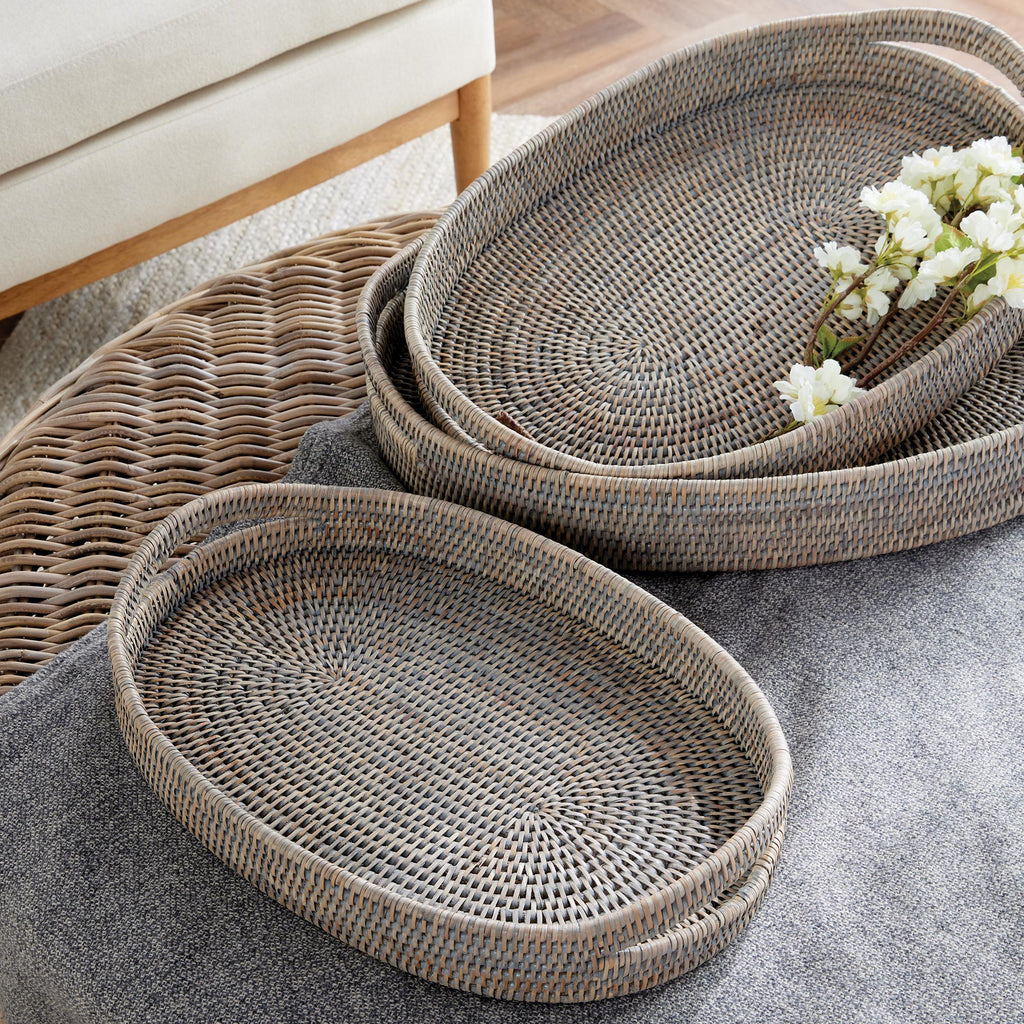 Napa Graywash Burma Rattan Oval Serving Trays, Set Of 3