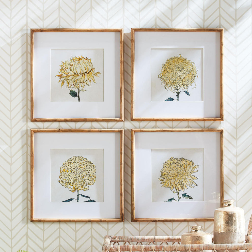 Napa Natural/Yellow Chrysanthemum Prints, Set Of 4