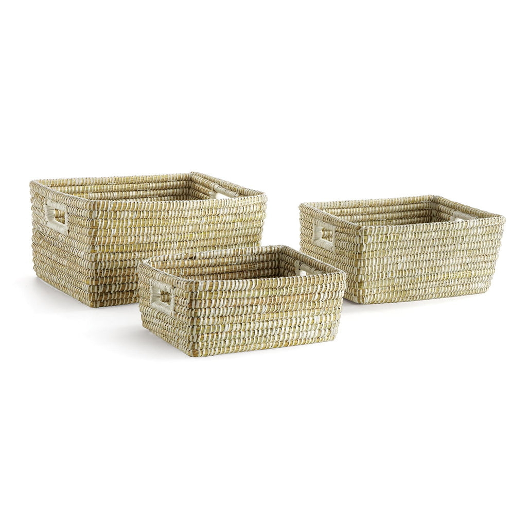 Napa White Rivergrass Rectangular Storage Baskets With Handles, Set Of 3