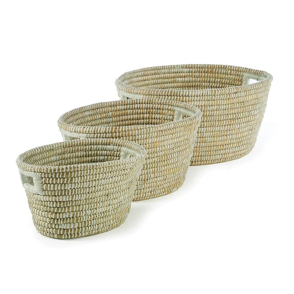 Napa White Rivergrass Oval Baskets With Handles, Set Of 3